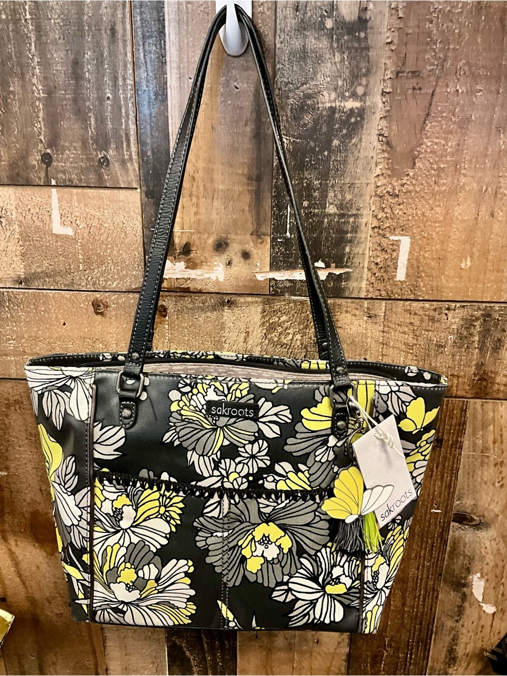 Sakroots Black Floral Tote with Yellow and Gray Accents